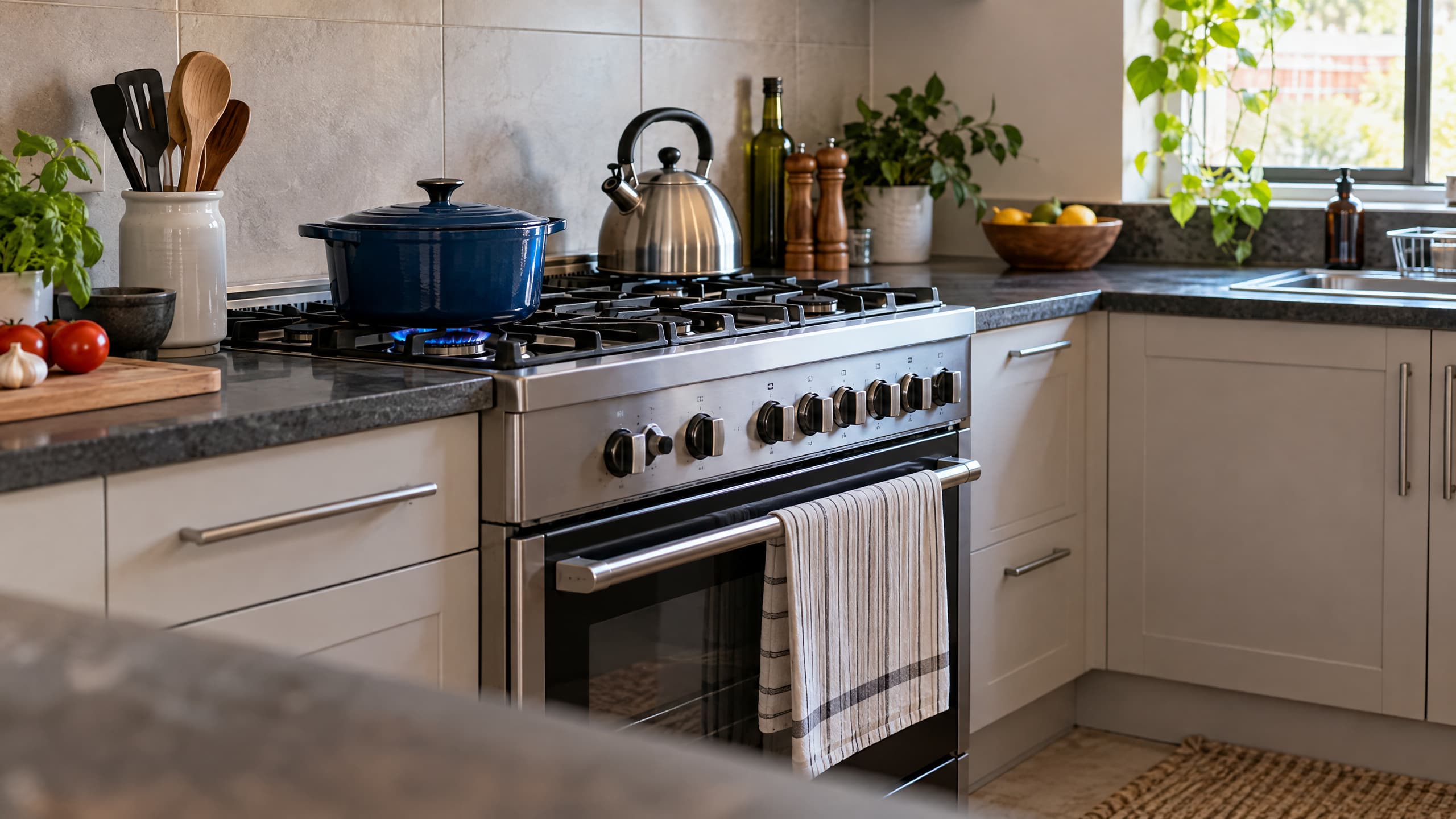 A gas cooker with cookware in a bright kitchen.