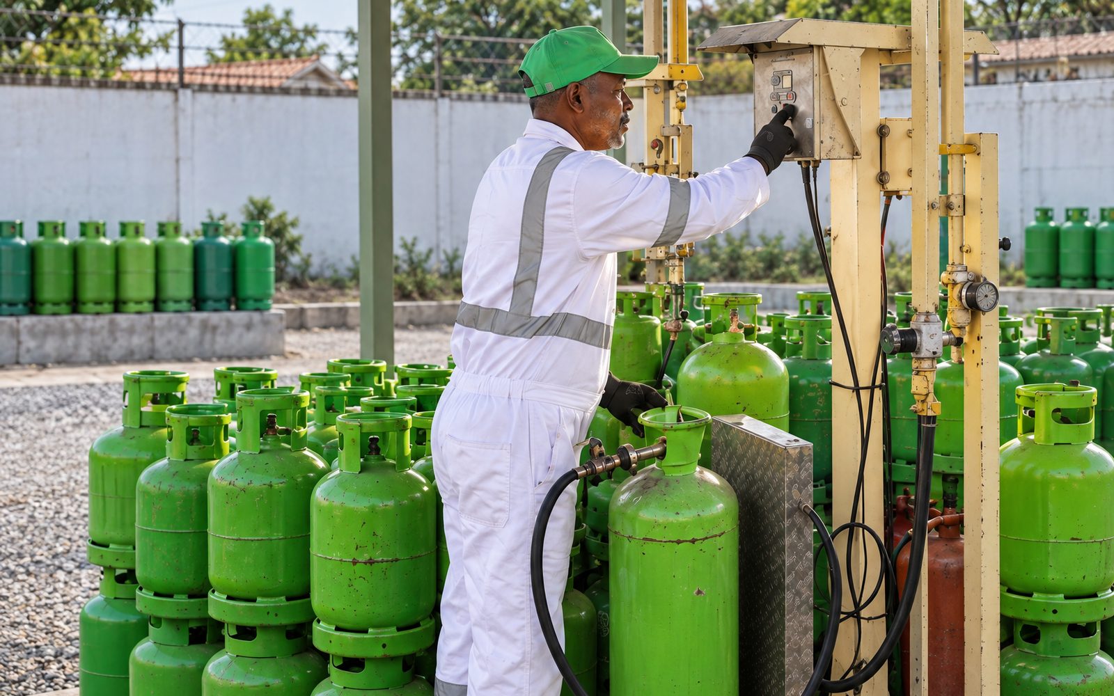 A technician in white coveralls and a green cap operates a control panel beside a row of green gas cylinders.